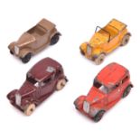 4 Dinky 35 Series Cars. 2x Saloon Car (35a); in brown with white rubber wheels and one in red with