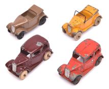 4 Dinky 35 Series Cars. 2x Saloon Car (35a); in brown with white rubber wheels and one in red with