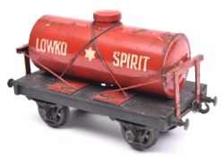 A Gauge One Bassett Lowke Spirit Tanker. With a red tank and wooden chassis, 'Lowko Spirit' to