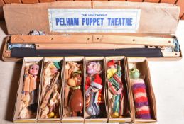 6x Pelham Puppets and a Pelham Puppet Theatre. Standard Example puppets in 1960s issue boxes