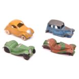 4 Dinky 35 Series Cars. A French Dinky Simca 5 (35a) in yellow. A Saloon Car (35a) in blue (axles