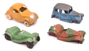 4 Dinky 35 Series Cars. A French Dinky Simca 5 (35a) in yellow. A Saloon Car (35a) in blue (axles