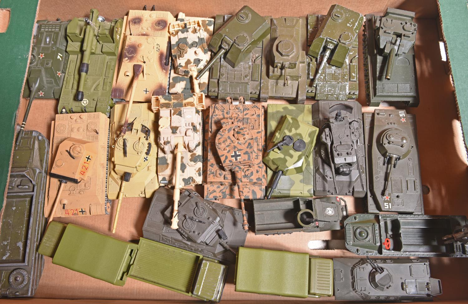 A collection of various tanks and military vehicles, made by Siku, Solido, Tootsietoys, Dinky,