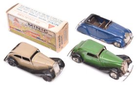 3x Tri-ang Minic clockwork cars. A boxed Vauxhall Cabriolet (19M) in green with black mudguards/