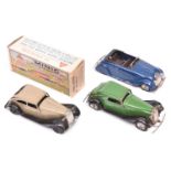 3x Tri-ang Minic clockwork cars. A boxed Vauxhall Cabriolet (19M) in green with black mudguards/