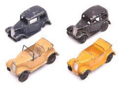 4 Dinky 35 Series Cars. 2x Saloon Car (35a); in black with black wheels and dark blue (missing