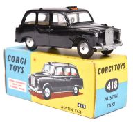 Corgi Toys Austin TAXI (418). In gloss black with yellow interior, early example with smooth spun