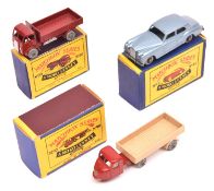 3 Matchbox Series. No.10 Scammell Scarab articulated truck in maroon with light brown trailer. No.20