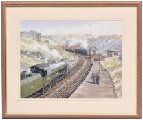 A watercolour painting by Mike Turner of West St. Leonards Station looking towards Bo Peep