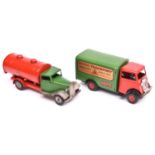 2x Tri-ang Minic post-war clockwork vehicles. A Petrol Tanker (15M) with green cab and red tank,