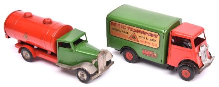 2x Tri-ang Minic post-war clockwork vehicles. A Petrol Tanker (15M) with green cab and red tank,