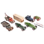 6x Tri-ang Minic clockwork commerical vehicles etc. Tractor (26M) in green, with wooden wheels.