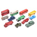 12 Dinky Toys. 10 mostly well restored examples - Duple Roadmaster Coach, 2x Leyland Double Deck