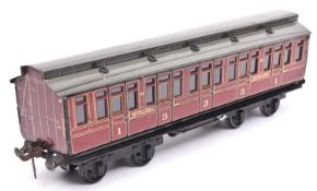 A Carette Gauge One Midland Railway passenger coach. A bogie clerestory vehicle with two first class