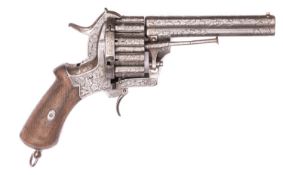 A Belgian double barrelled 20 shot 7mm double action pinfire revolver, c 1860, round over and