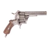 A Belgian double barrelled 20 shot 7mm double action pinfire revolver, c 1860, round over and