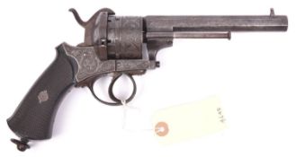 A Belgian 6 shot 12mm double action pinfire revolver, c 1865, octagonal barrel 140mm (5½”), the