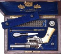 A Belgian 6 shot 7mm Lefaucheux double action pinfire revolver, c 1865, number 73550, round barrel