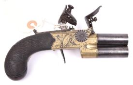 A double barrelled over and under 80 bore brass framed tap action flintlock boxlock pocket pistol, c