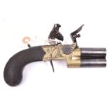 A double barrelled over and under 80 bore brass framed tap action flintlock boxlock pocket pistol, c