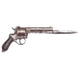 A Belgian 6 shot 12mm Lefaucheux double action pinfire revolver with folding bayonet, c 1865,