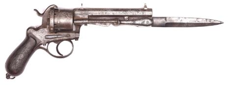 A Belgian 6 shot 12mm Lefaucheux double action pinfire revolver with folding bayonet, c 1865,