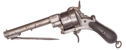 A Spanish 6 shot 12mm Alberdi double action pinfire revolver with folding bayonet, c 1865, round