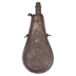 A very rare unmarked French copper powder flask, 6¾”, the embossed design inspired by “Robinson