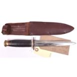 A WWII era sheath knife, DE blade 6½” marked with eye logo and “Taylor Witness Sheffield England”,