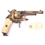 A Belgian gold plated 6 shot 12mm Chamelot & Delvigne double action pin-fire revolver, c 1865,number