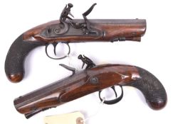 A pair of 18 bore flintlock travelling pistols by H. Nock, c 1800, 9½” overall, octagonal twist