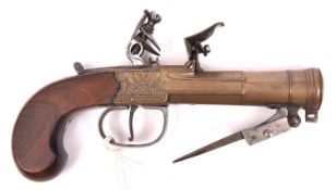 A brass barrelled and brass framed flintlock boxlock blunderbuss pistol with spring bayonet, c 1820,