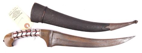A Persian dagger, curved blade 8½” with armour piercing point, horn and MOP handle. In its steel