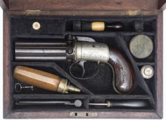 A 6 shot 60 bore self cocking bar hammer percussion pepperbox revolver, by Wilkinson, 8" overall,