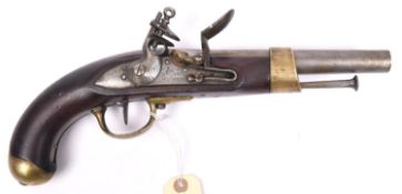 A French 14 bore Model An9 flintlock holster pistol, 14" overall, barrel 8", the breech dated “