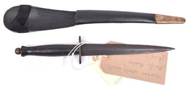 An unusual 3rd Pattern type FS fighting knife, with ribbed wooden handle, in replacement scabbard.