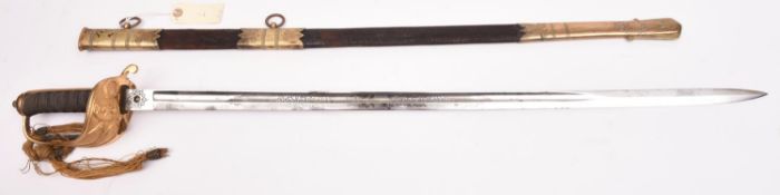 A RN Warrant Officer’s sword, blade 31½” etched “R and G James & Co, 13 Queen St. Portsmouth”,