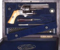 A Belgian 6 shot 7mm Lefaucheux closed frame double action pinfire revolver, number 45950, round