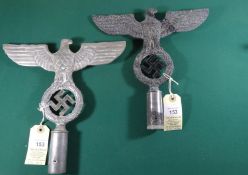 2 Third Reich cast aluminium eagle standard tops, wingspan 9½” (24cm), with black painted swastika