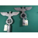 2 Third Reich cast aluminium eagle standard tops, wingspan 9½” (24cm), with black painted swastika