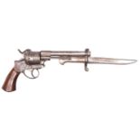 An unusual Belgian 6 shot 12mm double action pin-fire revolver with detachable knife bayonet , c