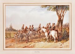 A watercolour of the Royal Artillery by Orlando Norie, depicting a troop with cannon and limber by a