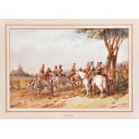 A watercolour of the Royal Artillery by Orlando Norie, depicting a troop with cannon and limber by a