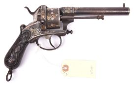 A good Spanish 6 shot 12mm double action pinfire revolver, c 1865, round barrel with octagonal