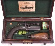 An 80 bore double barrelled over and under turnover percussion boxlock sidehammer pistol by Chas.