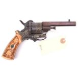 A Belgian 6 shot 7mm double action pinfire revolver, c 1865, octagonal barrel 85mm (3-3/8”),