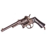 A Belgian 6 shot 12mm Mariette double action pinfire revolver, c 1866, round barrel with octagonal