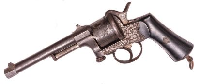 A Belgian 6 shot 12mm Mariette double action pinfire revolver, c 1866, round barrel with octagonal