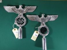 2 Third Reich polished aluminium eagle standard tops, wingspan 9½” (24cm), with black painted