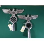 2 Third Reich polished aluminium eagle standard tops, wingspan 9½” (24cm), with black painted